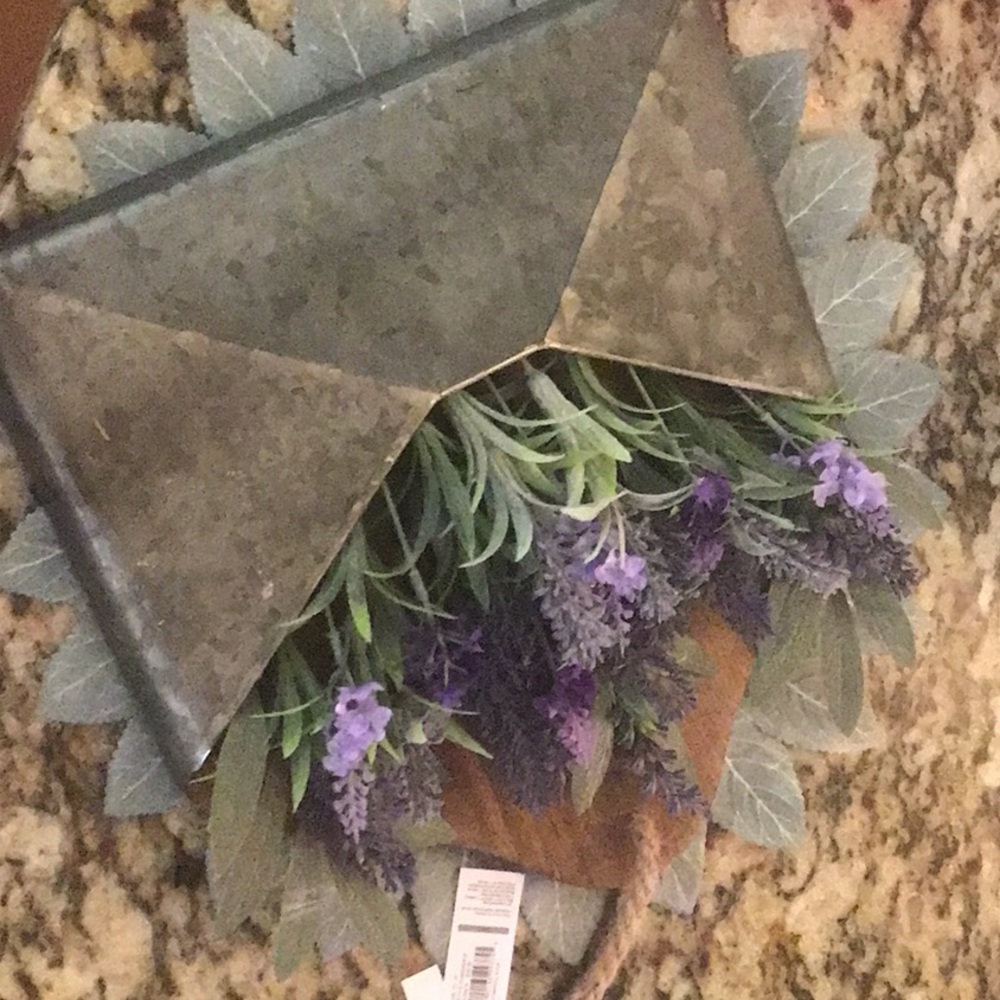 Galvanized silver/steel envelope, lavender & greenery hangs on rope